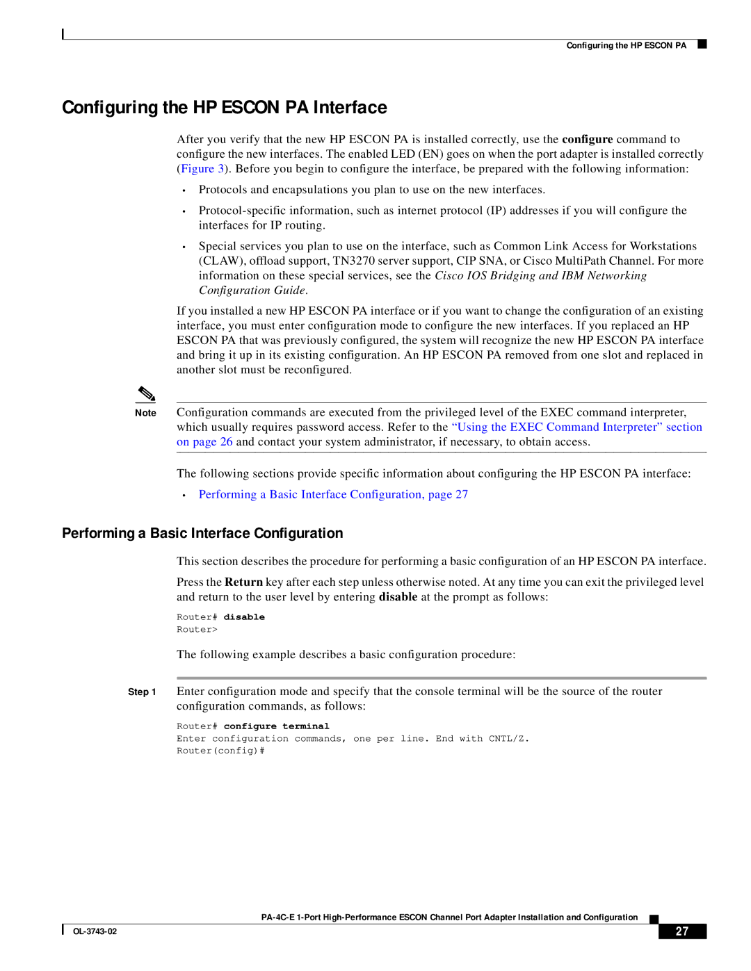 Cisco Systems PA-4C-E 1 manual Configuring the HP Escon PA Interface, Performing a Basic Interface Configuration 