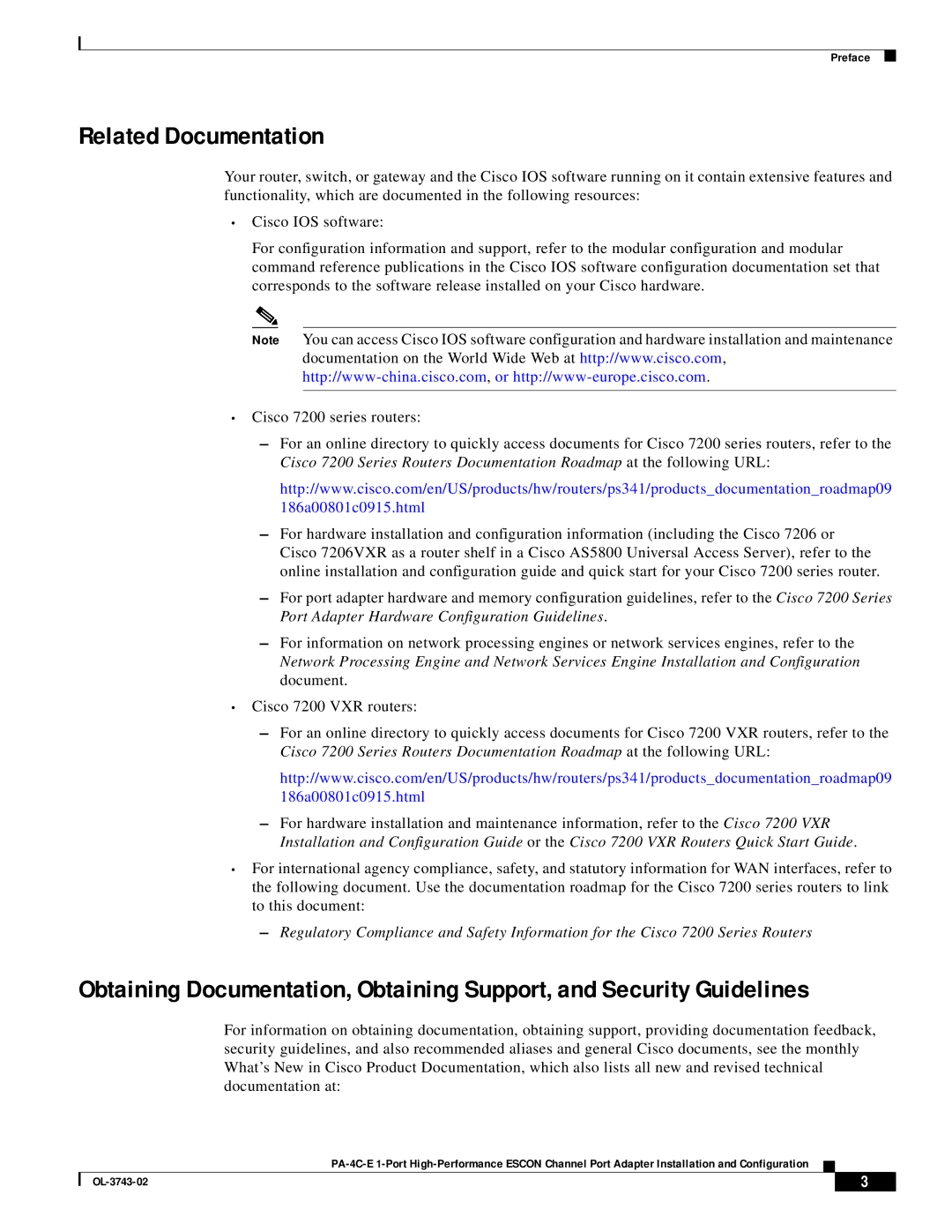 Cisco Systems PA-4C-E 1 manual Related Documentation 