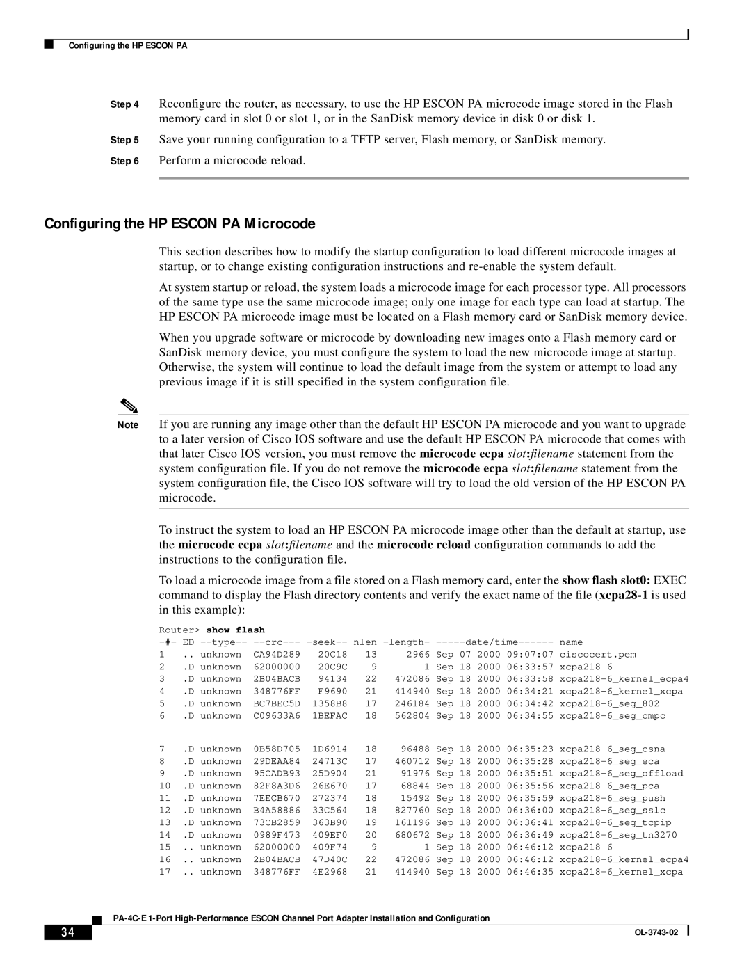 Cisco Systems PA-4C-E 1 manual Configuring the HP Escon PA Microcode, Router show flash 