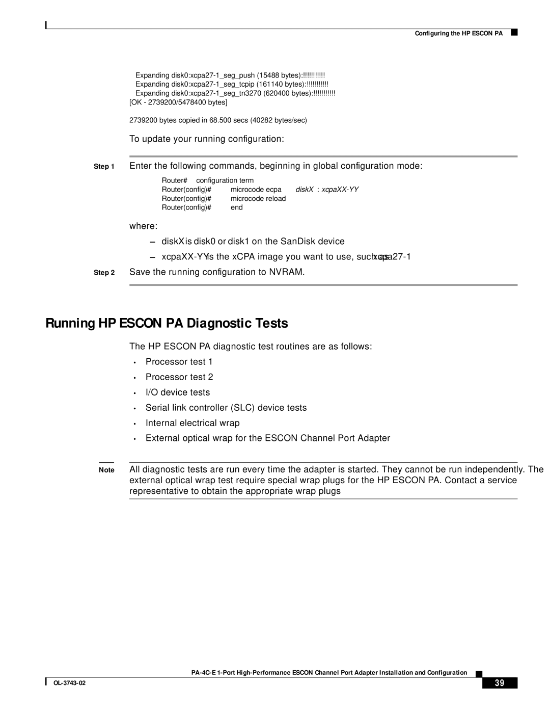 Cisco Systems PA-4C-E 1 manual Running HP Escon PA Diagnostic Tests, Router# configuration term 