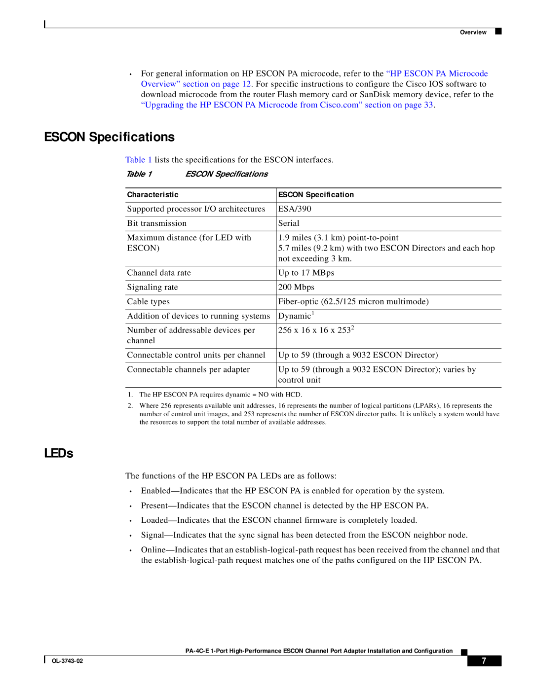 Cisco Systems PA-4C-E 1 manual Escon Specifications, LEDs, Characteristic Escon Specification 