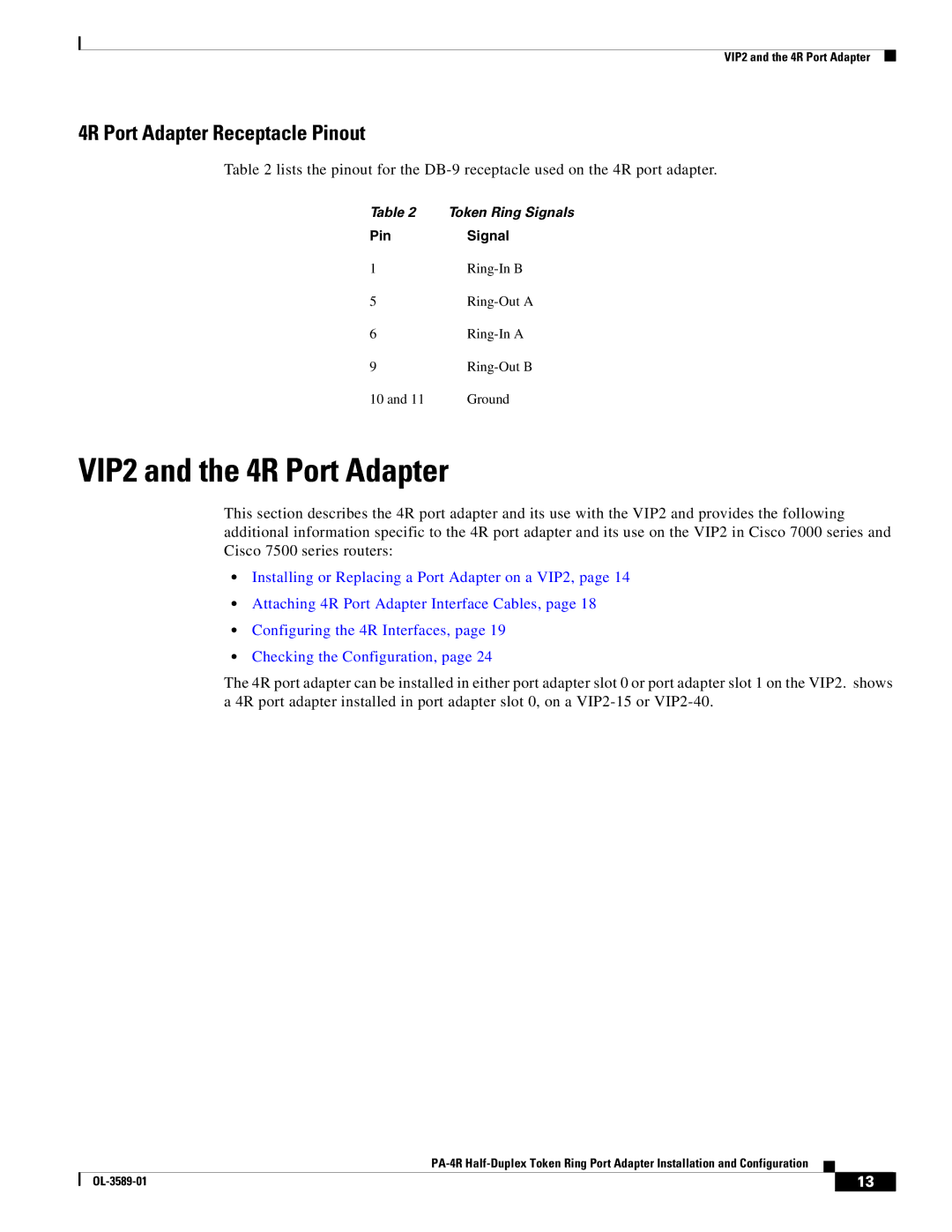 Cisco Systems PA-4R manual VIP2 and the 4R Port Adapter, 4R Port Adapter Receptacle Pinout 