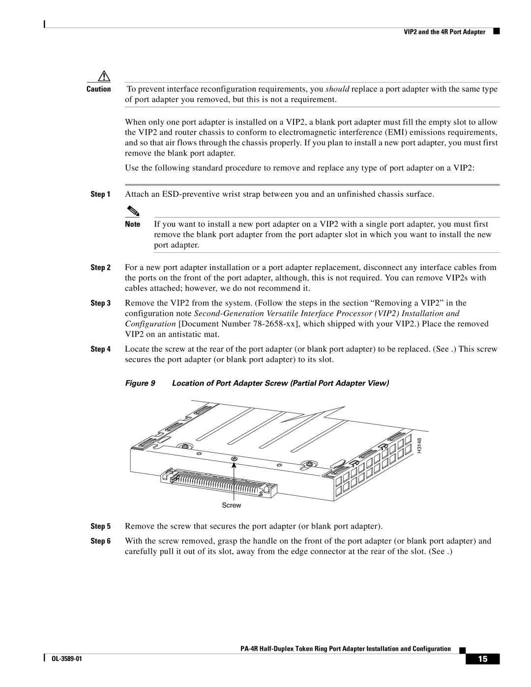 Cisco Systems PA-4R manual Location of Port Adapter Screw Partial Port Adapter View 