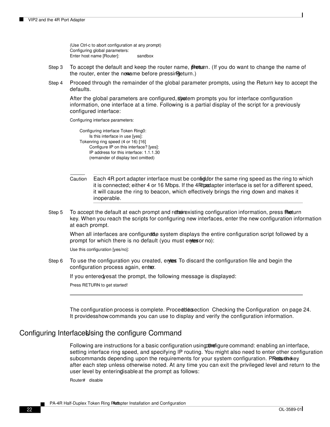 Cisco Systems PA-4R manual Configuring Interfaces Using the configure Command, Configuring interface parameters 