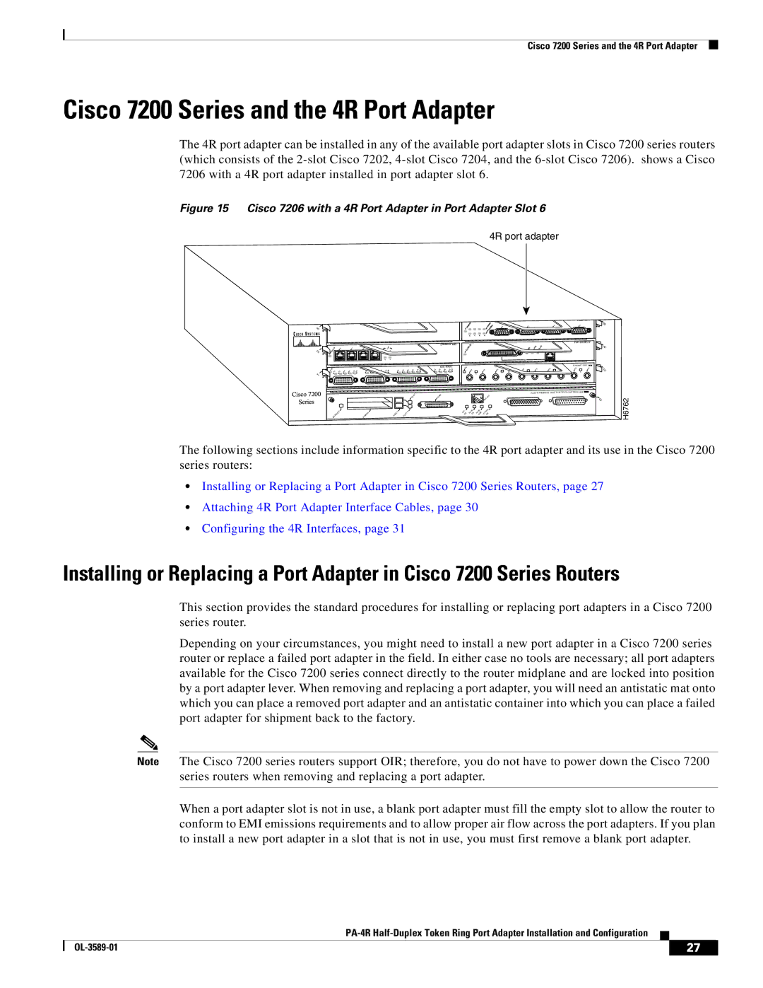 Cisco Systems PA-4R manual Cisco 7200 Series and the 4R Port Adapter, 4R port adapter 