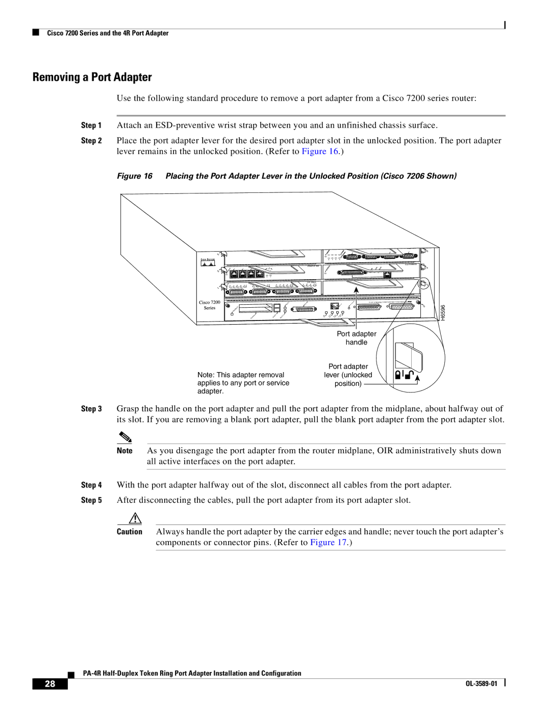 Cisco Systems PA-4R manual Removing a Port Adapter 