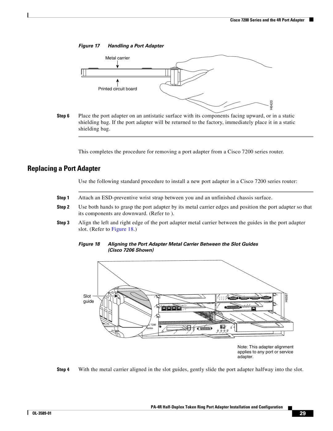 Cisco Systems PA-4R manual Replacing a Port Adapter, Handling a Port Adapter 