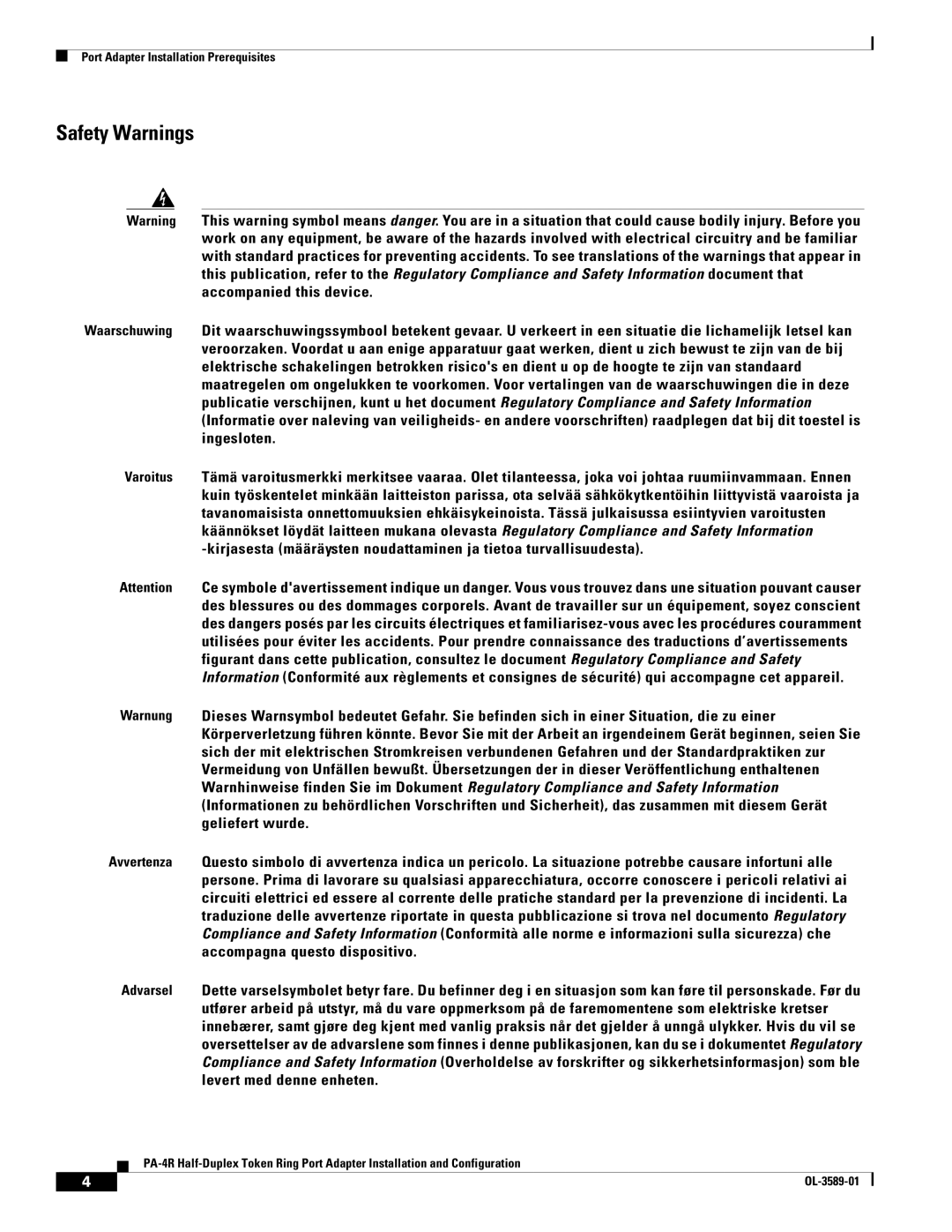 Cisco Systems PA-4R manual Safety Warnings 