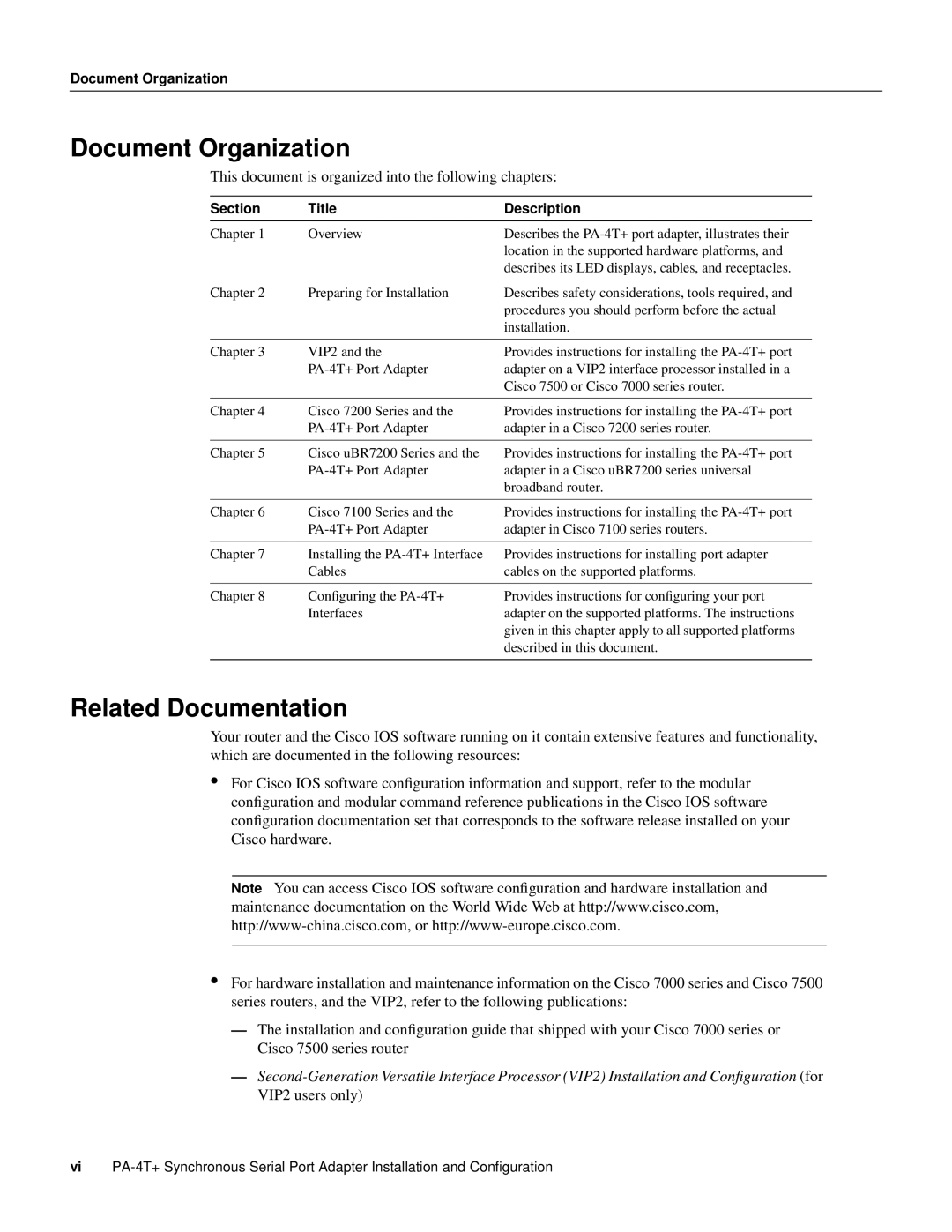 Cisco Systems PA-4T manual Document Organization, Related Documentation 