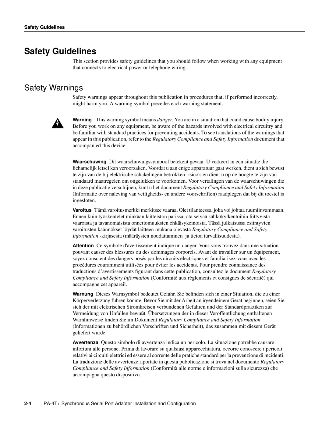 Cisco Systems PA-4T manual Safety Guidelines, Safety Warnings 