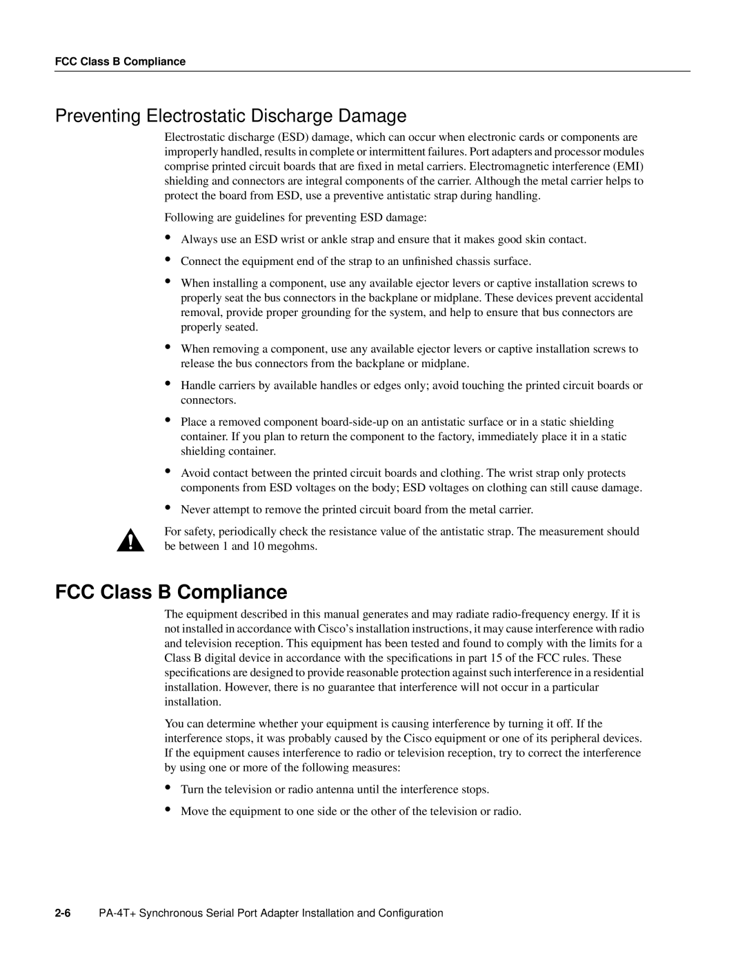 Cisco Systems PA-4T manual FCC Class B Compliance, Preventing Electrostatic Discharge Damage 