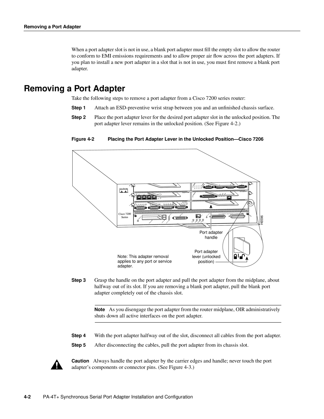Cisco Systems PA-4T manual Removing a Port Adapter, handle, Port adapter lever unlocked position, H6596 