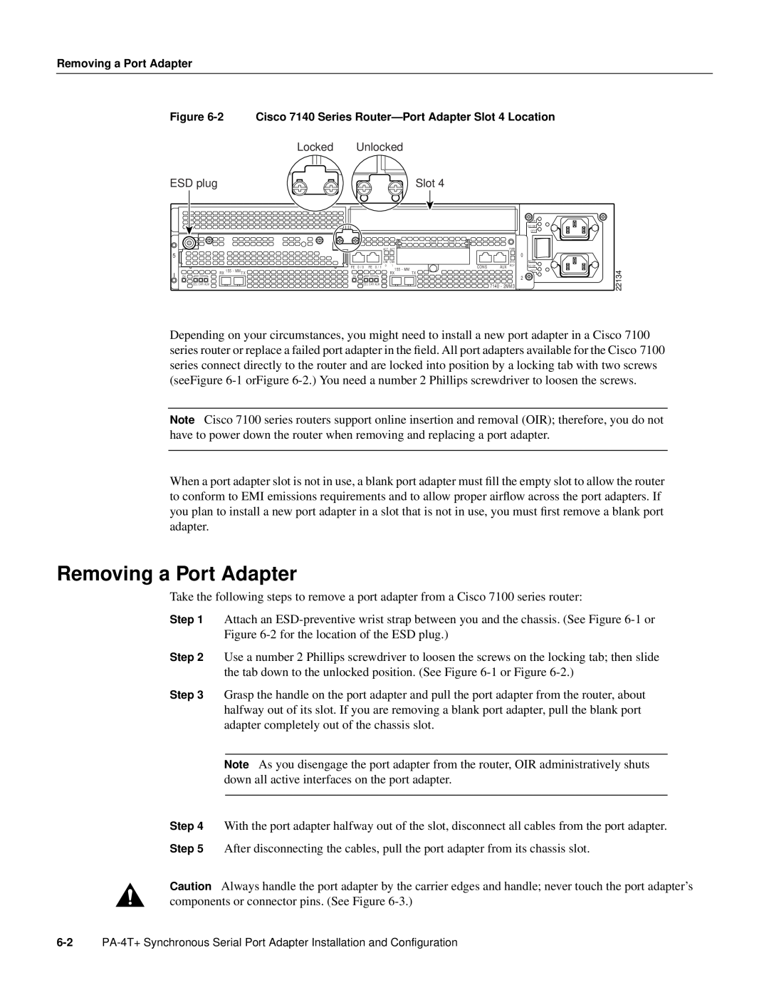 Cisco Systems PA-4T manual Removing a Port Adapter, 2 Cisco 7140 Series Router-Port Adapter Slot 4 Location 