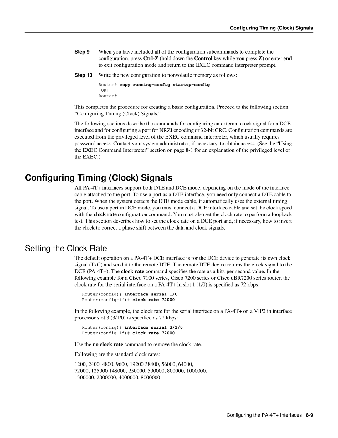 Cisco Systems PA-4T manual Conﬁguring Timing Clock Signals, Setting the Clock Rate 