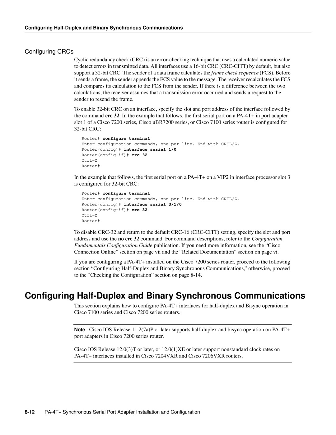 Cisco Systems PA-4T manual Conﬁguring Half-Duplex and Binary Synchronous Communications, Conﬁguring CRCs 