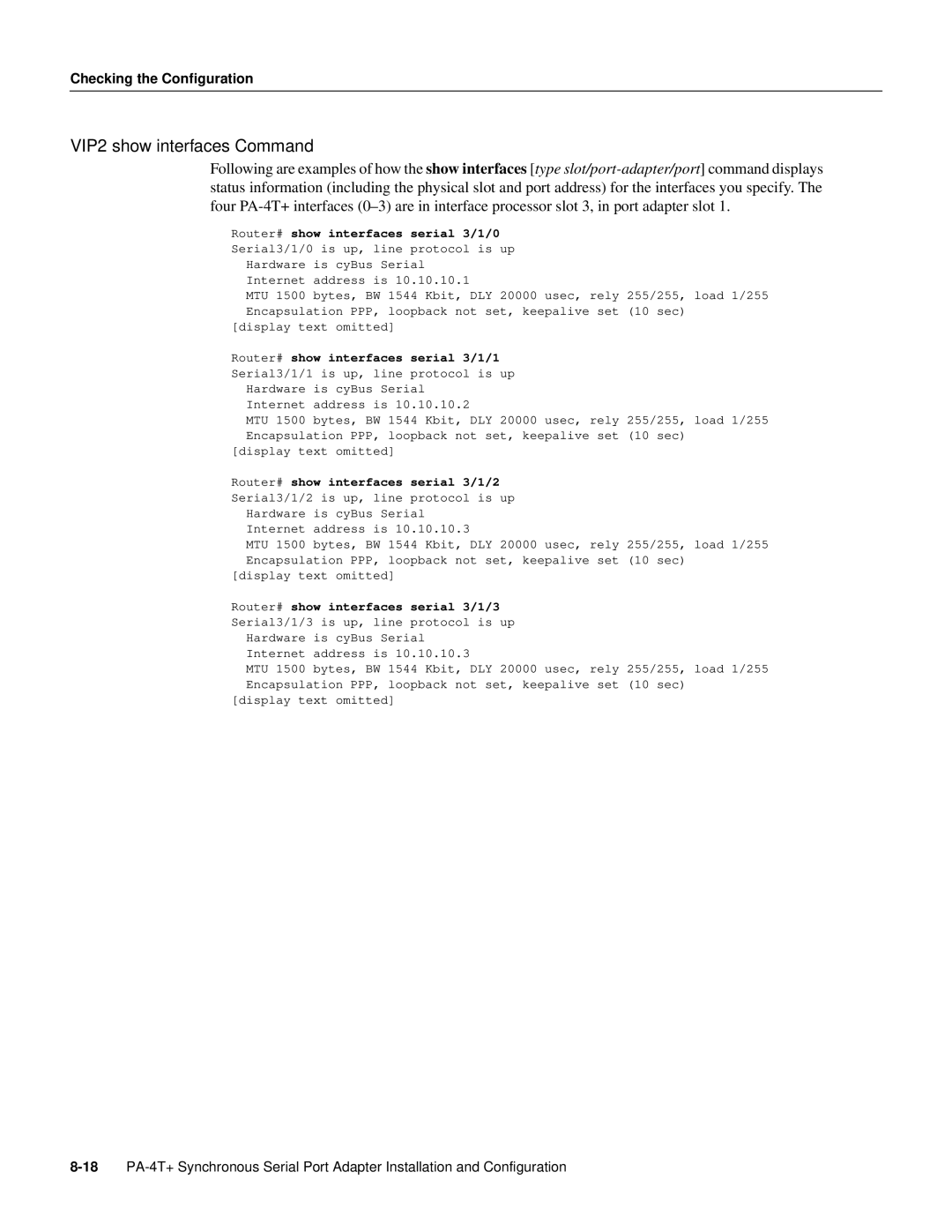 Cisco Systems PA-4T manual VIP2 show interfaces Command, Checking the Configuration 