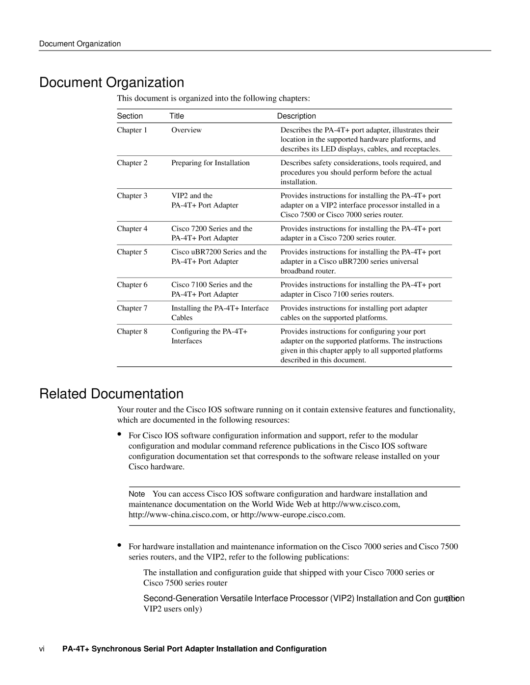 Cisco Systems PA-4T manual Document Organization, Related Documentation 