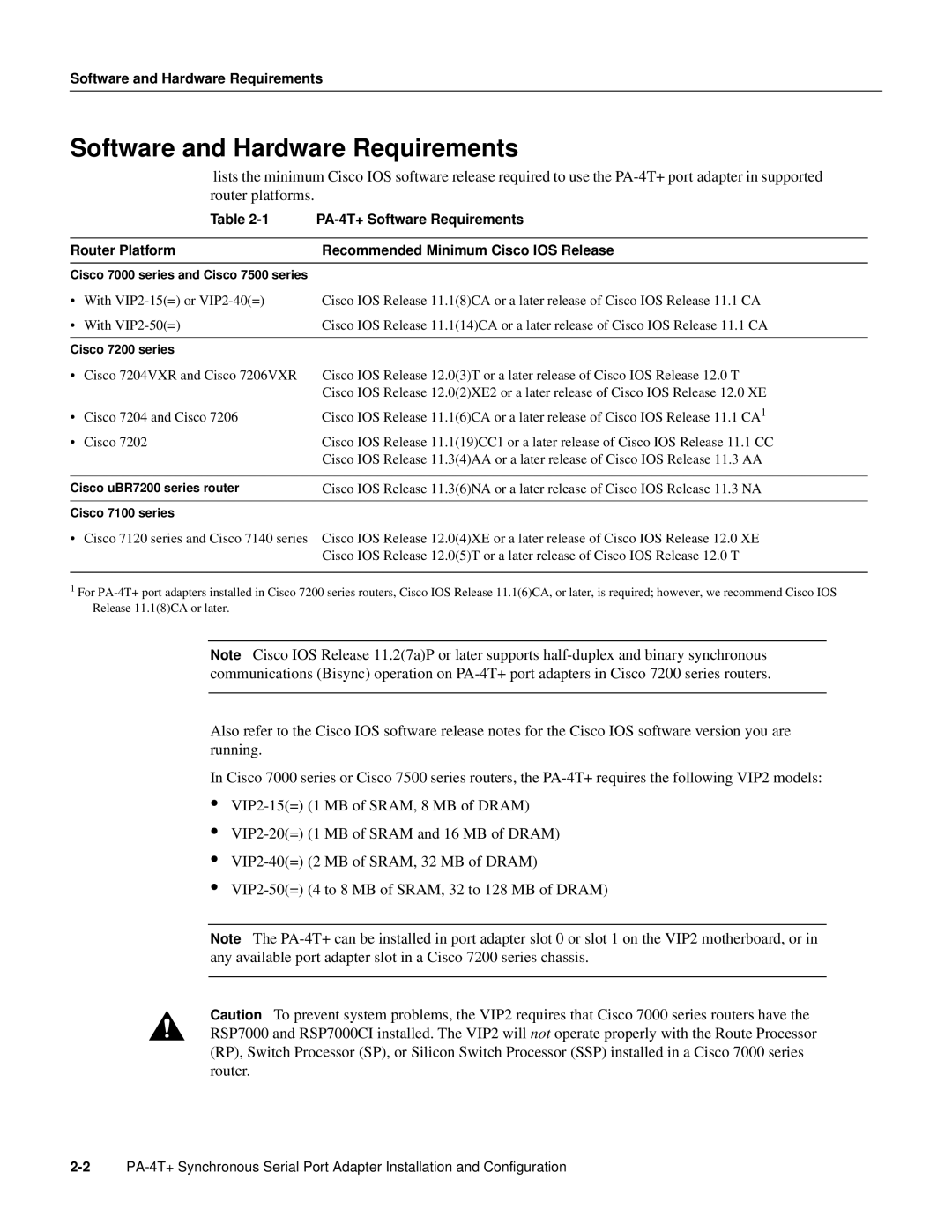 Cisco Systems PA-4T manual Software and Hardware Requirements, Router Platform Recommended Minimum Cisco IOS Release 