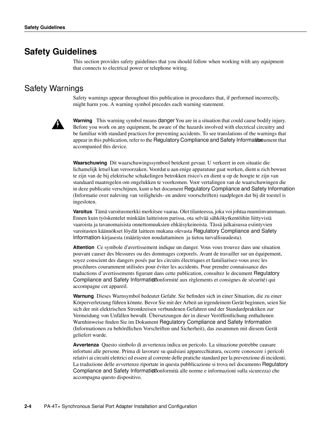 Cisco Systems PA-4T manual Safety Guidelines, Safety Warnings 