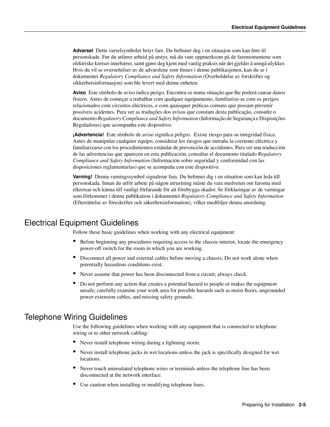 Cisco Systems PA-4T manual Electrical Equipment Guidelines, Telephone Wiring Guidelines 