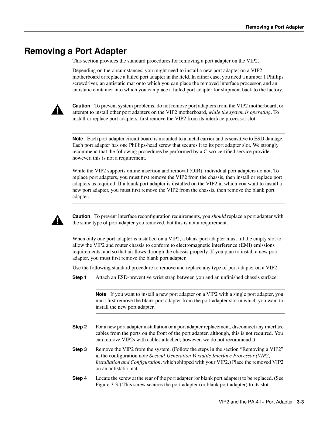 Cisco Systems PA-4T manual Removing a Port Adapter 