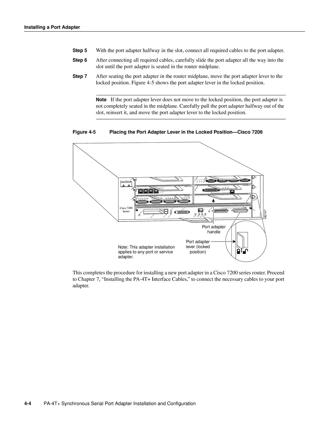 Cisco Systems PA-4T manual Placing the Port Adapter Lever in the Locked Position-Cisco 