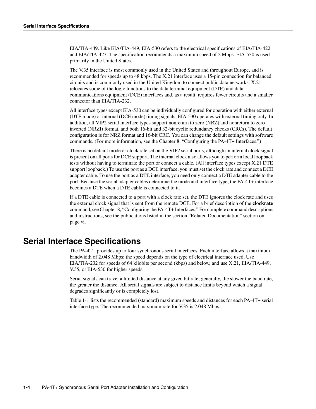 Cisco Systems PA-4T manual Serial Interface Speciﬁcations 