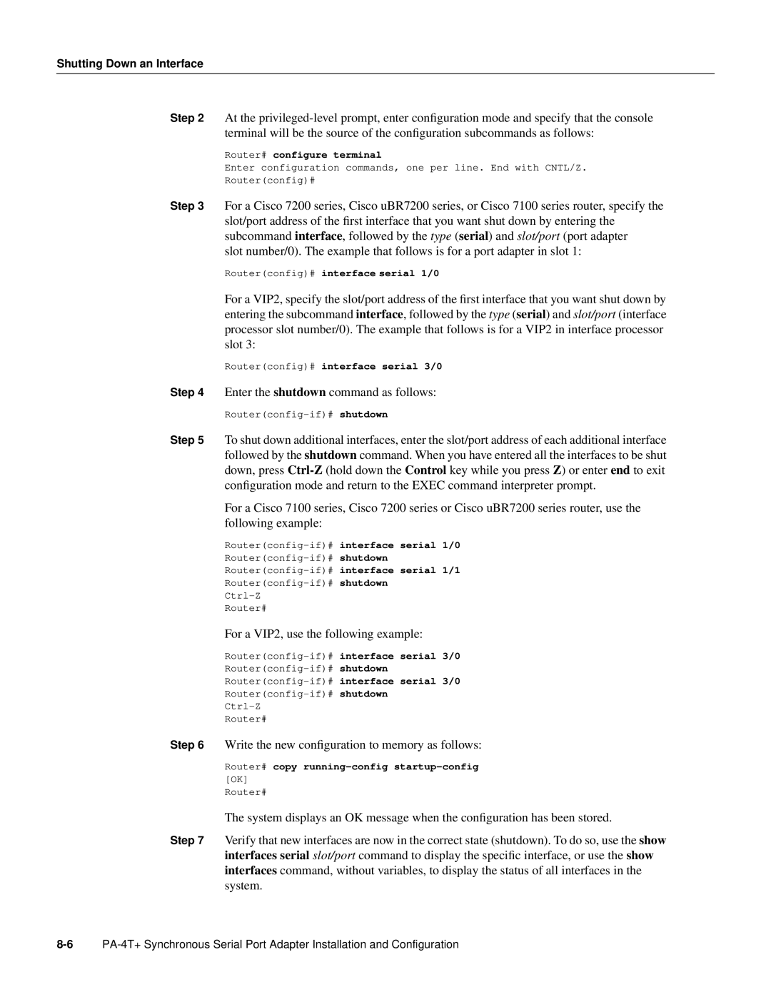 Cisco Systems PA-4T manual Enter the shutdown command as follows 