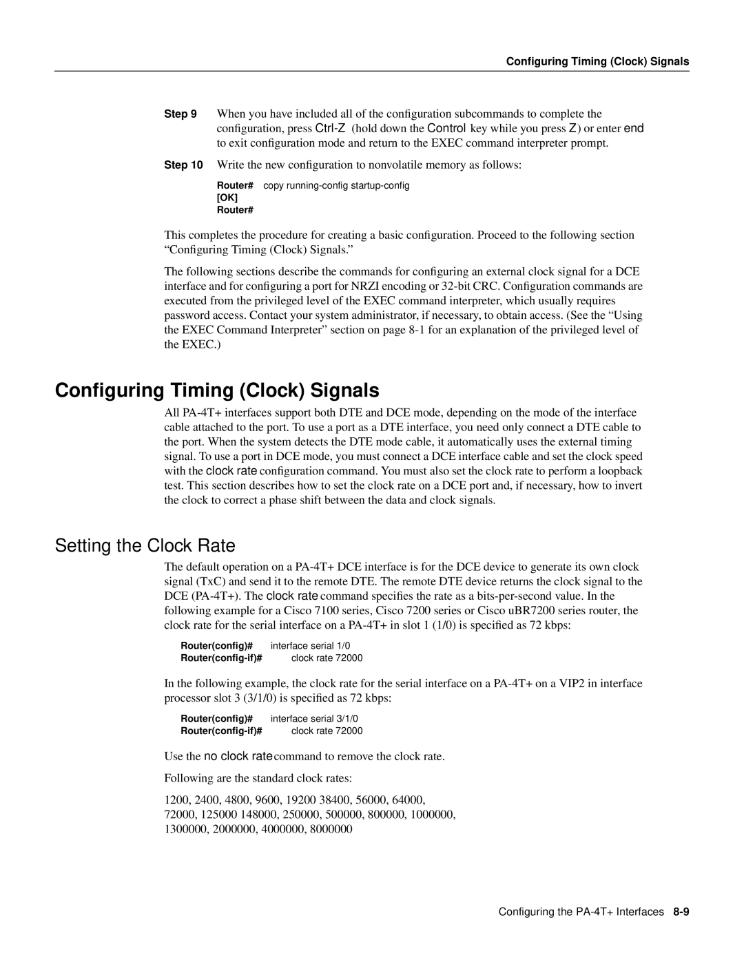 Cisco Systems PA-4T manual Conﬁguring Timing Clock Signals, Setting the Clock Rate 