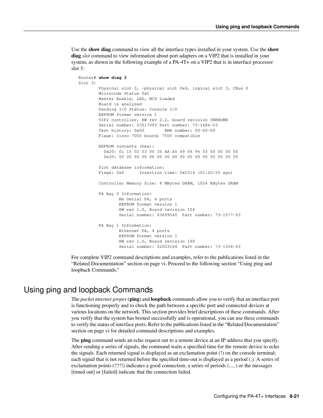 Cisco Systems PA-4T manual Using ping and loopback Commands 