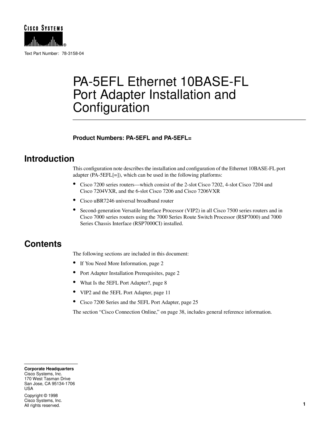 Cisco Systems 10BASE-FL manual Introduction, Contents, Product Numbers PA-5EFL and PA-5EFL= 