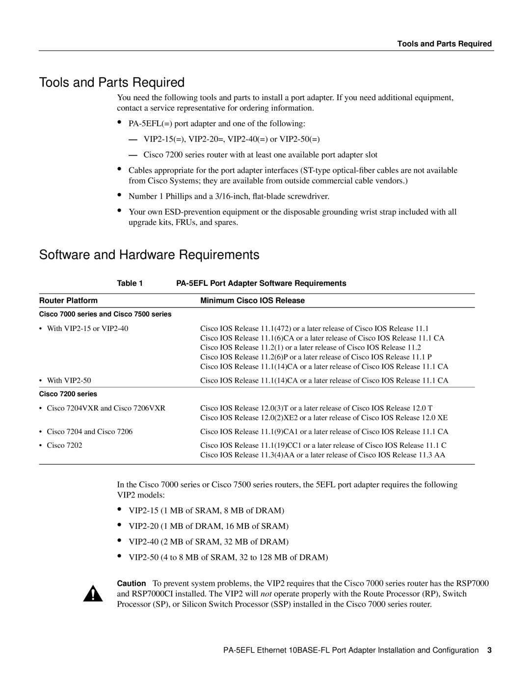 Cisco Systems 10BASE-FL, PA-5EFL= manual Tools and Parts Required, Software and Hardware Requirements 