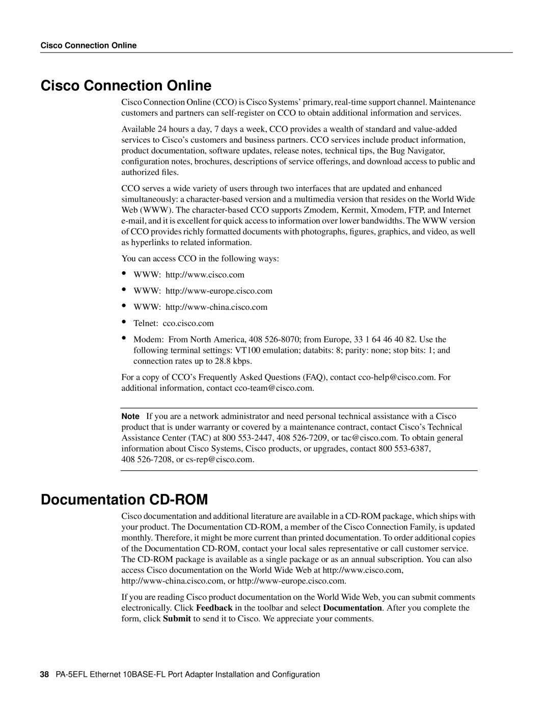Cisco Systems PA-5EFL=, 10BASE-FL manual Cisco Connection Online, Documentation CD-ROM 