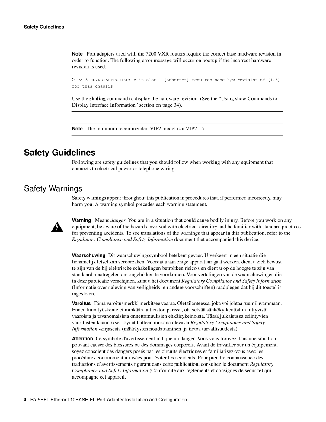 Cisco Systems PA-5EFL=, 10BASE-FL manual Safety Guidelines, Safety Warnings 