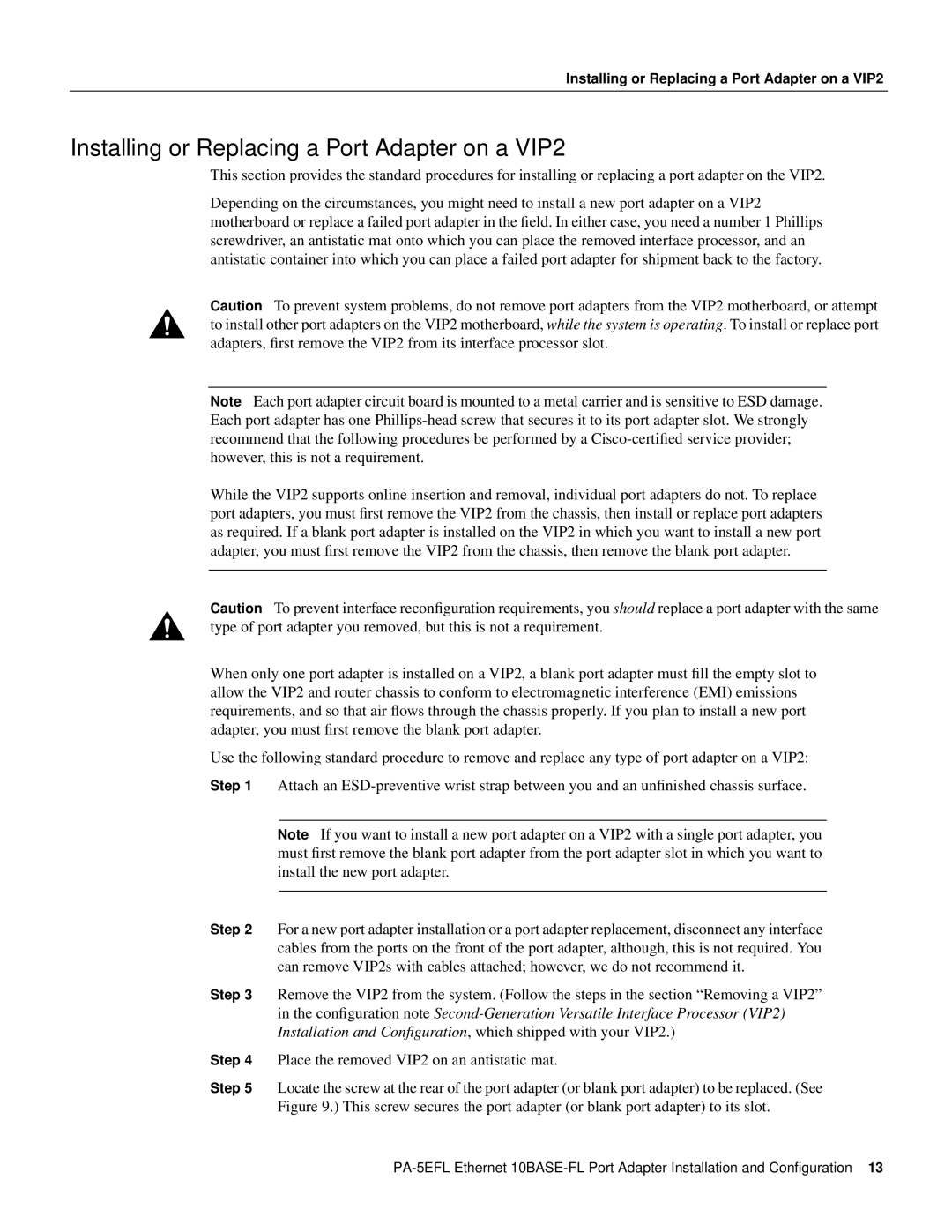 Cisco Systems 10BASE-FL, PA-5EFL= manual Installing or Replacing a Port Adapter on a VIP2 