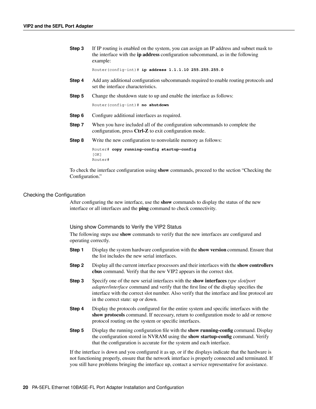 Cisco Systems PA-5EFL=, 10BASE-FL manual Checking the Conﬁguration, Using show Commands to Verify the VIP2 Status, Step 