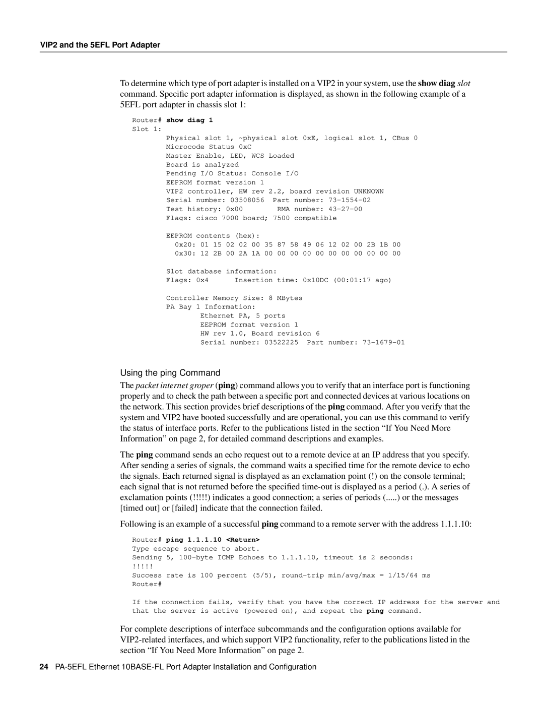 Cisco Systems PA-5EFL=, 10BASE-FL manual Using the ping Command, Router# show diag 