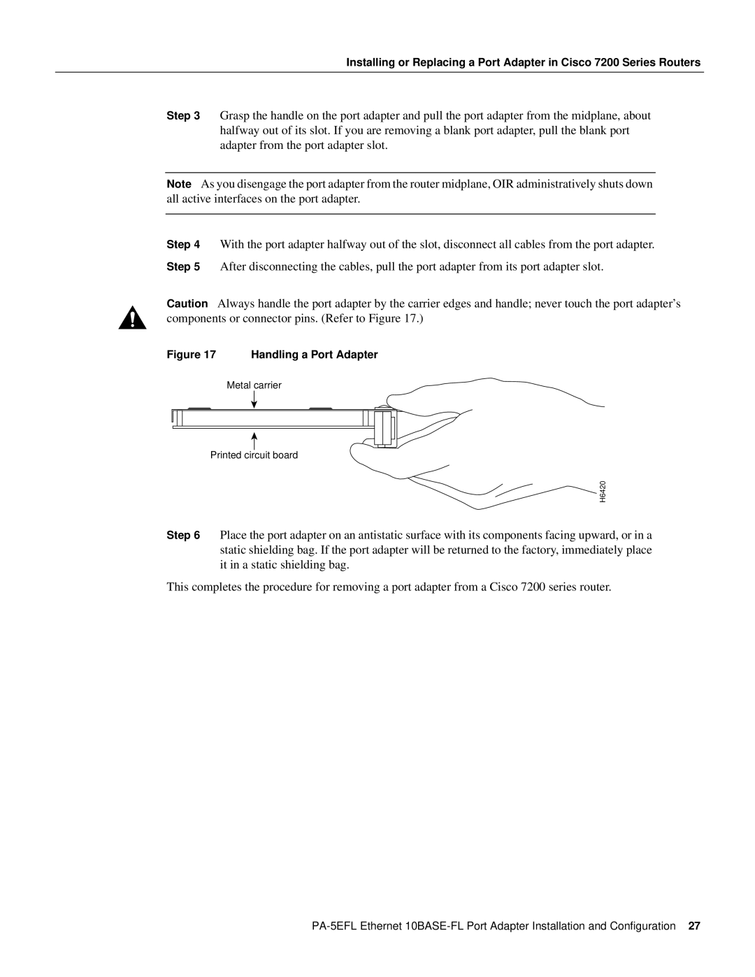 Cisco Systems 10BASE-FL, PA-5EFL= manual Handling a Port Adapter 