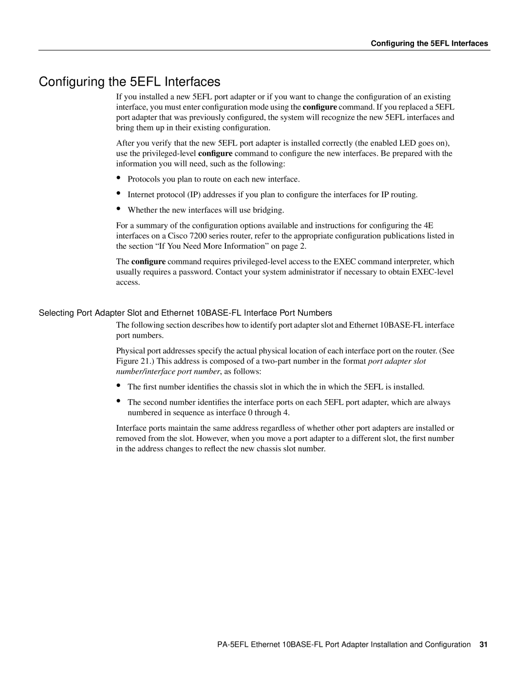 Cisco Systems 10BASE-FL, PA-5EFL= manual Conﬁguring the 5EFL Interfaces 