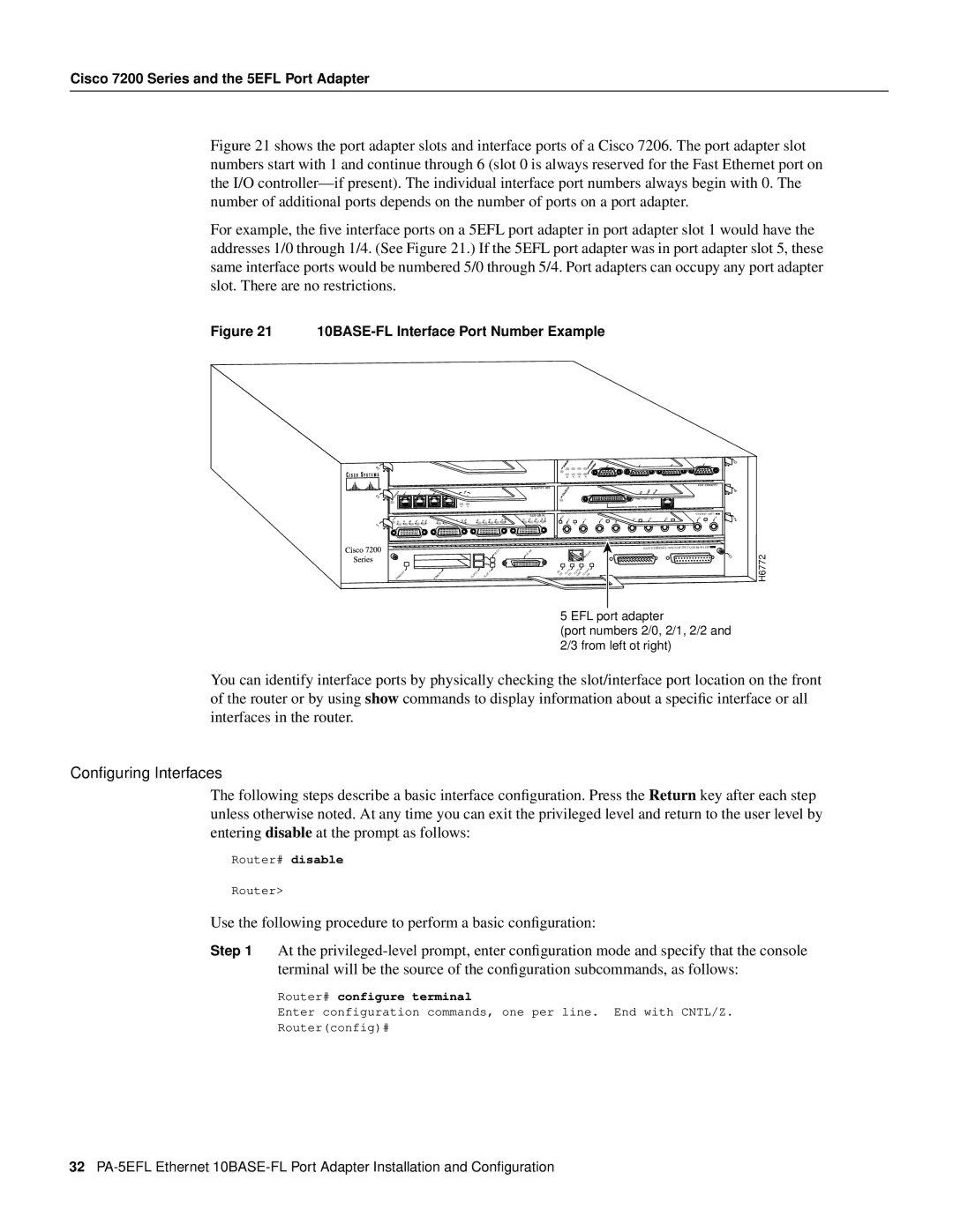 Cisco Systems PA-5EFL= manual 10BASE-FL Interface Port Number Example 