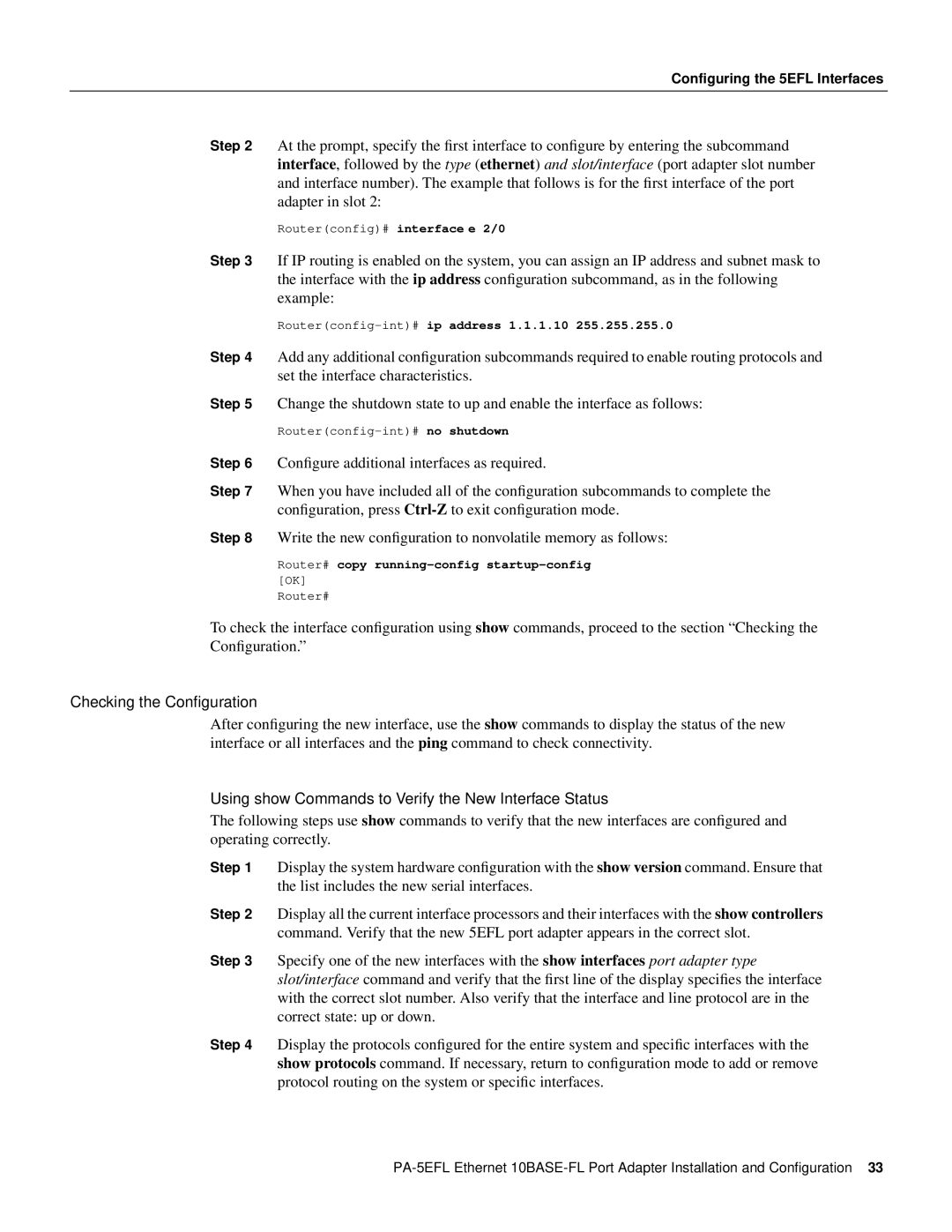 Cisco Systems 10BASE-FL, PA-5EFL= manual Checking the Conﬁguration, Using show Commands to Verify the New Interface Status 