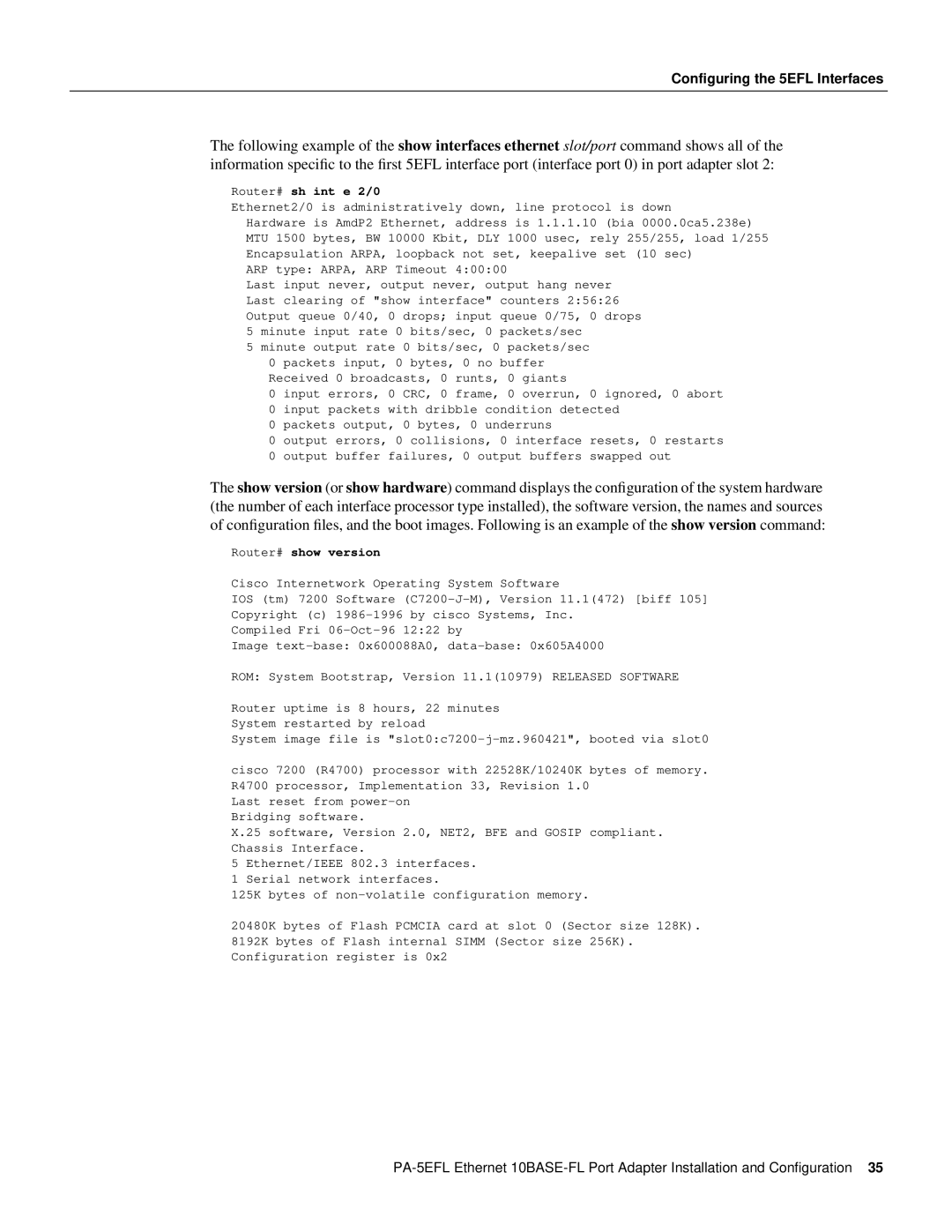 Cisco Systems 10BASE-FL, PA-5EFL= manual Last reset from power-on Bridging software 