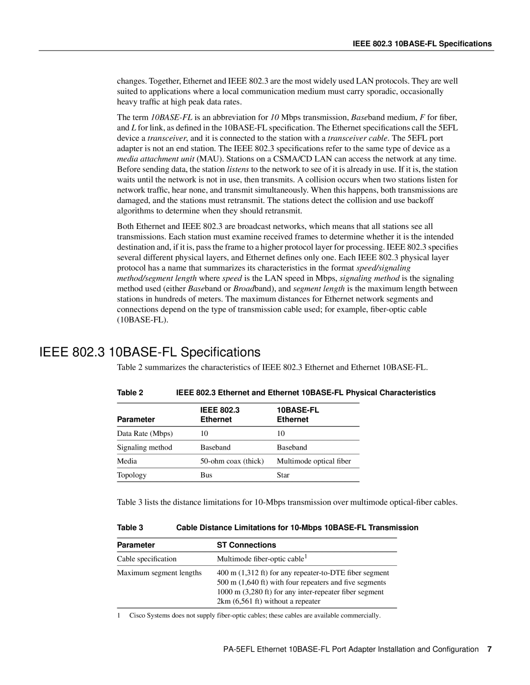 Cisco Systems PA-5EFL= Ieee 802.3 10BASE-FL Speciﬁcations, Ieee 802.3 10BASE-FL Specifications, Parameter Ethernet 