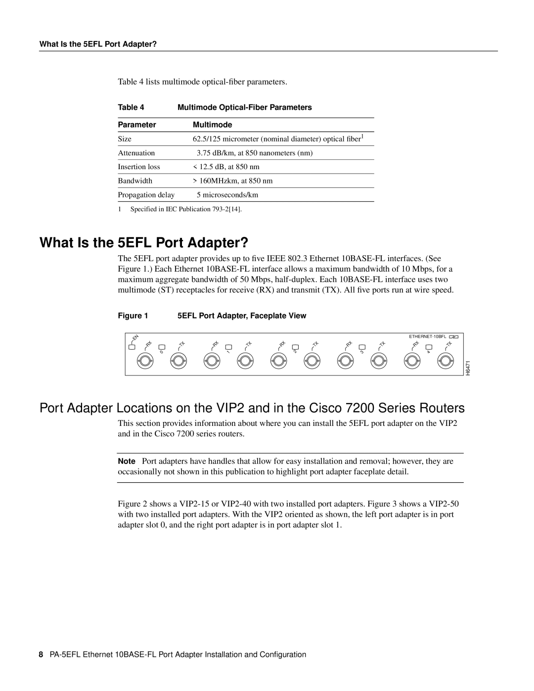 Cisco Systems PA-5EFL=, 10BASE-FL What Is the 5EFL Port Adapter?, Multimode Optical-Fiber Parameters, Parameter Multimode 