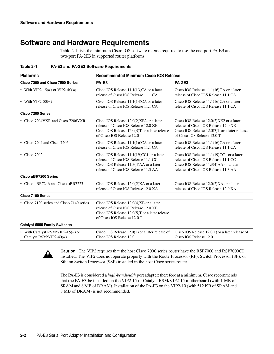 Cisco Systems PA-E3 manual Software and Hardware Requirements, PA-2E3 