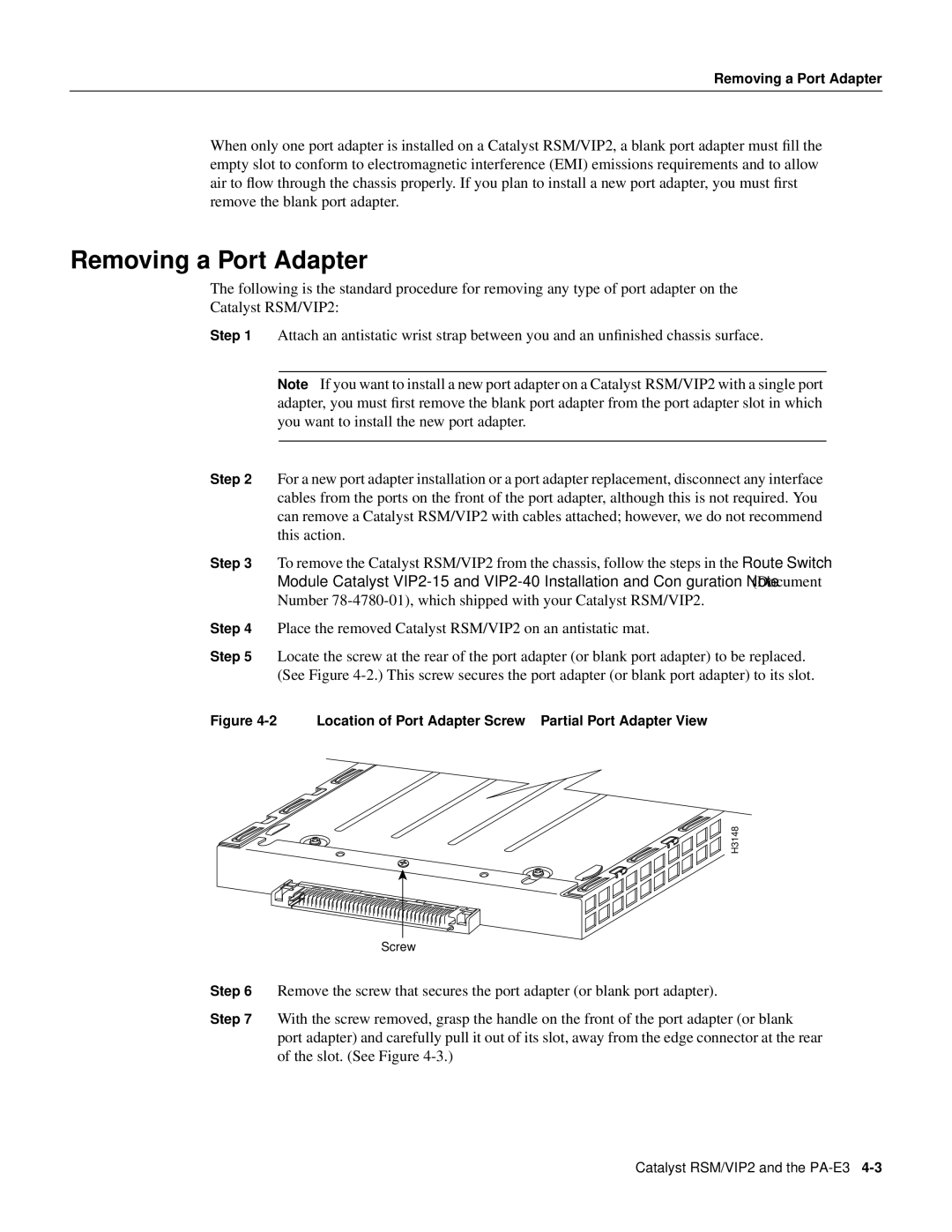 Cisco Systems PA-2E3, PA-E3 manual Removing a Port Adapter 