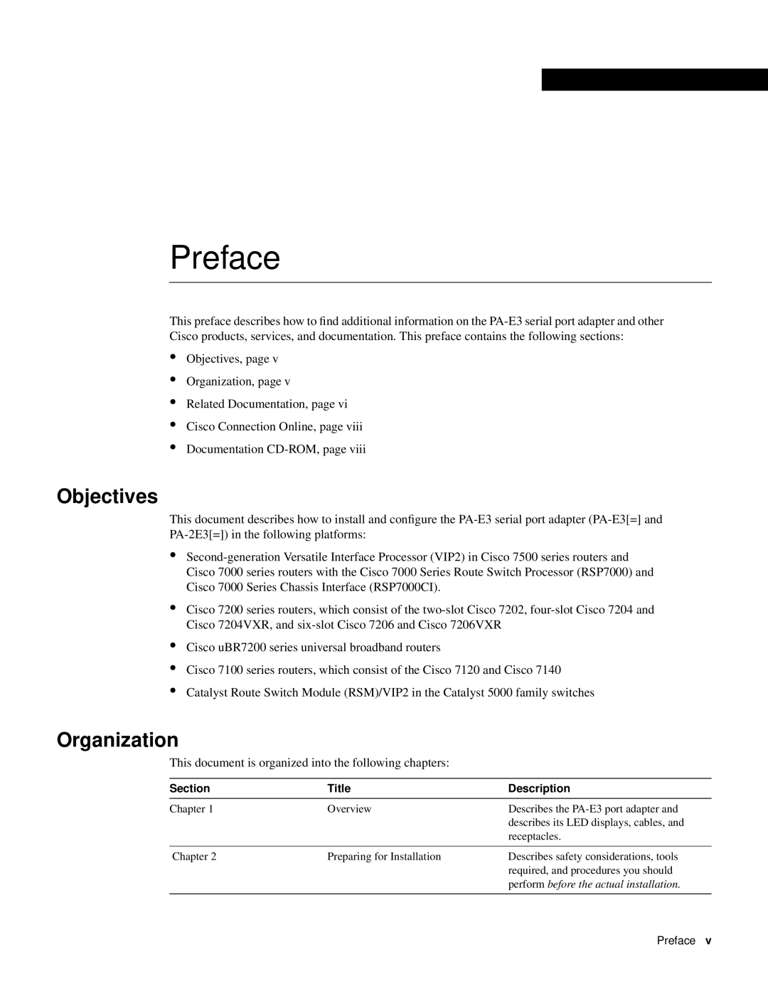 Cisco Systems PA-2E3, PA-E3 manual Preface, Objectives, Organization, Section Title Description 