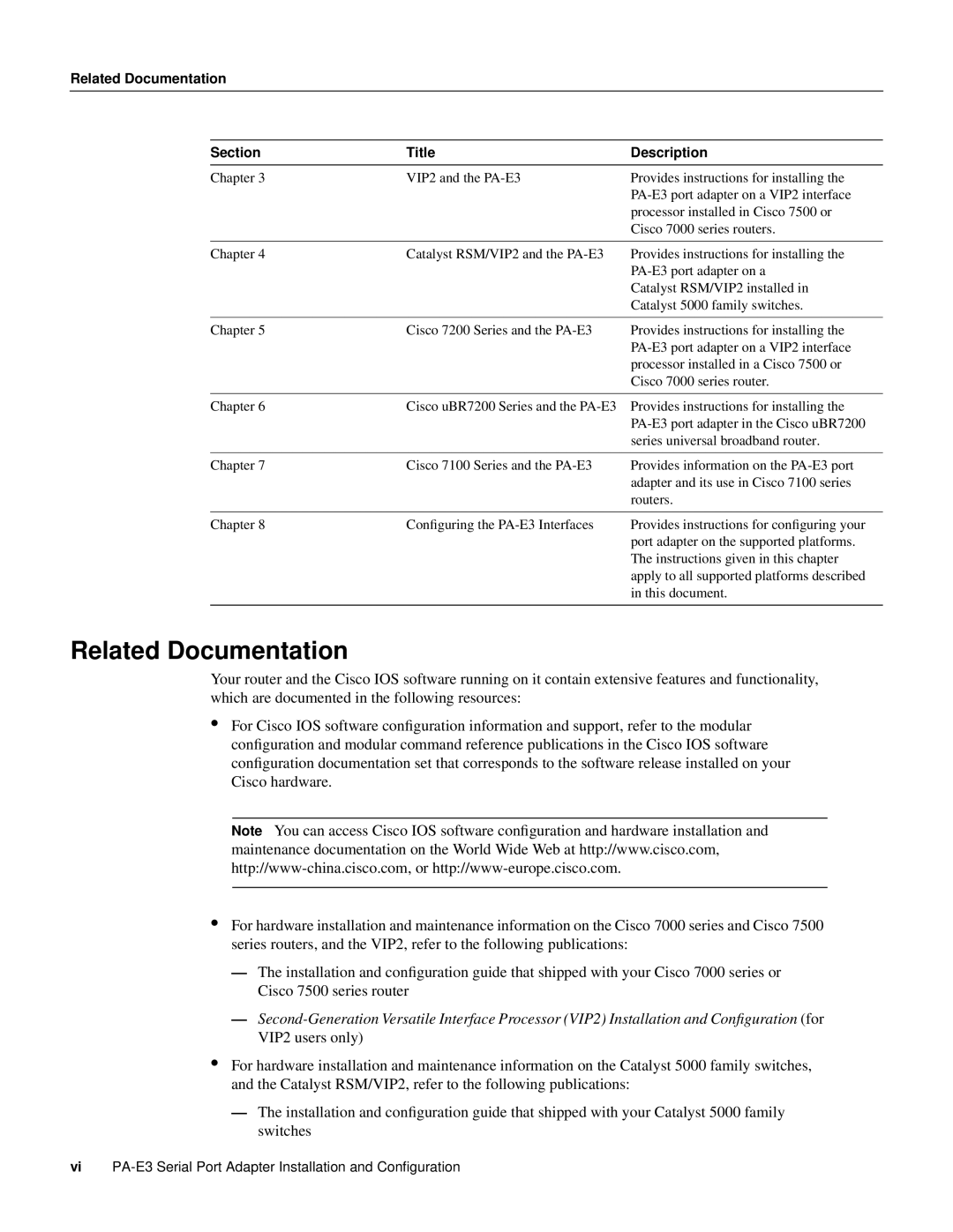 Cisco Systems PA-E3, PA-2E3 manual Related Documentation Section Title Description 