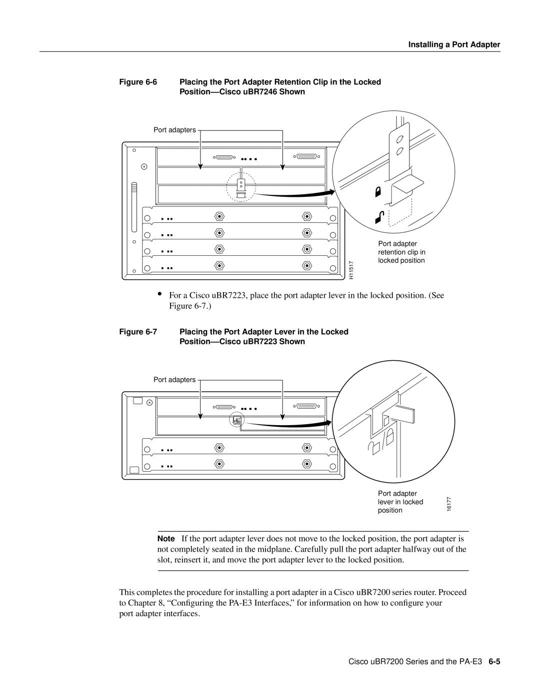 Cisco Systems PA-2E3, PA-E3 manual Port adapter retention clip in locked position 