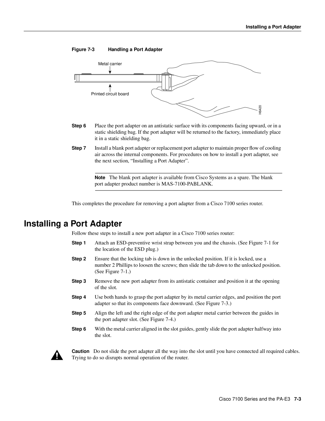 Cisco Systems PA-2E3, PA-E3 manual Installing a Port Adapter 